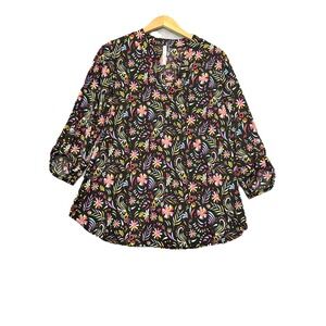 Dear Scarlett Tunic‎ Top Large Bright Pop Art Floral Black Neon Stretchy Flowy